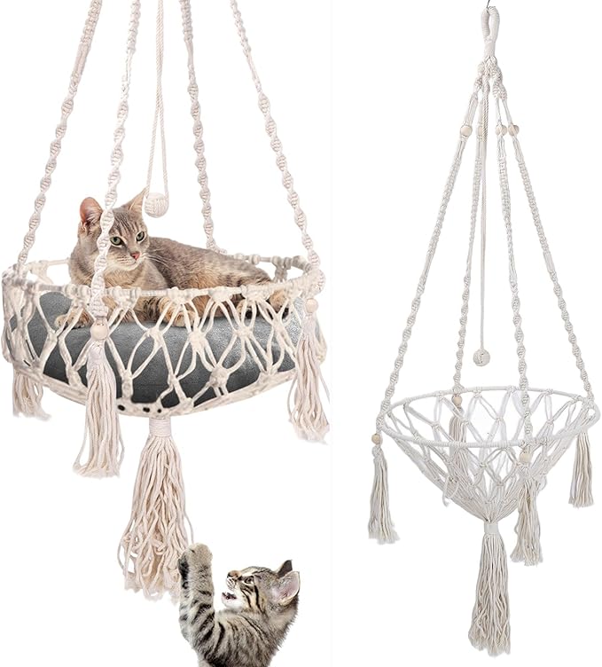 VINGVO Macrame Cat Hammock Bed, 58.27" Handwoven Pet Hanging Swing Bed with Hook for Wall, Foldable Kitten Window Perch for Indoor Outdoor Sports Playing Sleeping Climbing Lounging