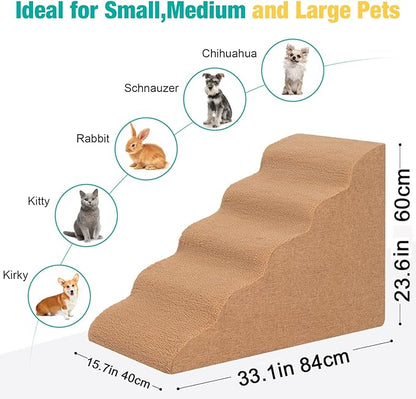 Uross Dog Stairs for Small Dogs-5 Steps Ramps for High Bed Couch, High Density Foam Pet Stairs for Dogs to Get on Bed, 5 Tiers Cat Doggy Steps Ramps for Joint Pain Dog(Brown)