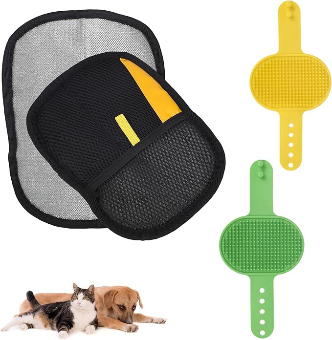 4pcs Pet Hair Remover Gloves & Cat Self Groomer Brush Set, Reusable Electrostatic Fur Removal Tool for Cats & Dogs Ideal for Furniture Carpets Couch Clothes and Grooming