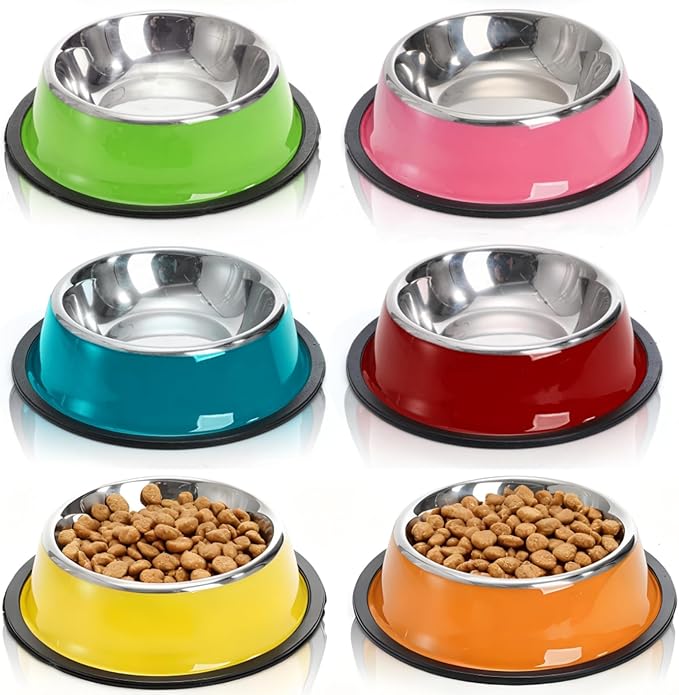 6 Pack Stainless Steel Cat Bowl, 6 Oz Mini Non-Slip Puppy Dog Feeding Bowl with Rubber Base, Small Reusable Shallow Pet Feeder Water Food Dishes for Breeds Under 4 LB (XS)