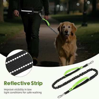 Hands Free Dog Leash with Pouch, Waist Leash for Dog Walking, Jogging, Hiking, Retractable Leashes with Dual Padded Handles, Adjustable Reflective Belt for Small Medium Large Dogs, Black Green