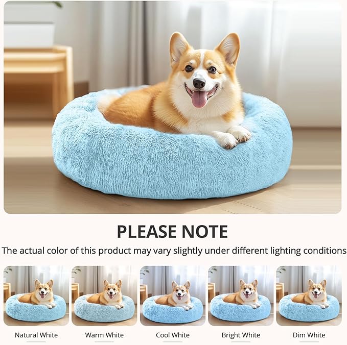 JOLLYVOGUE Calming Dog Bed Medium Size Dog, 31in Donut Washable Medium Pet Bed, Anti-Slip & Anti-Anxiety Fluffy Faux Fur Round Dogs Bed, Fits up to 45 lbs Pets (Light Blue)