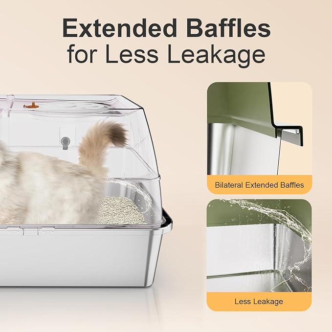 Stainless Steel Litter Box with Lid, XL Extra Large Litter Box, Enclosed Top Entry Metal Litterbox for Big Cat, Easy Cleaning, Anti-Leakage & High Sided with Mat, Aisle & Scoop, Green