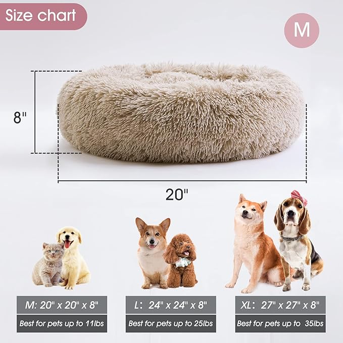 Calming Dog Bed & Cat Bed, Anti-Anxiety Donut Cuddler Warming Cozy Soft Round Fluffy Faux Fur Plush Cushion Bed for Small Medium Dogs and Cats (20"/24"/27"/30")