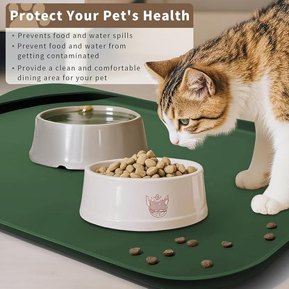 Silicone Pet Food Mat with Raised Edge for Food and Water Bowl, Dog Feeding Mats, Cat Food Trays for Floor Waterproof, Rubber Tray for Dogs and Cats, 22 x 14 x 0.8 Dark Olive