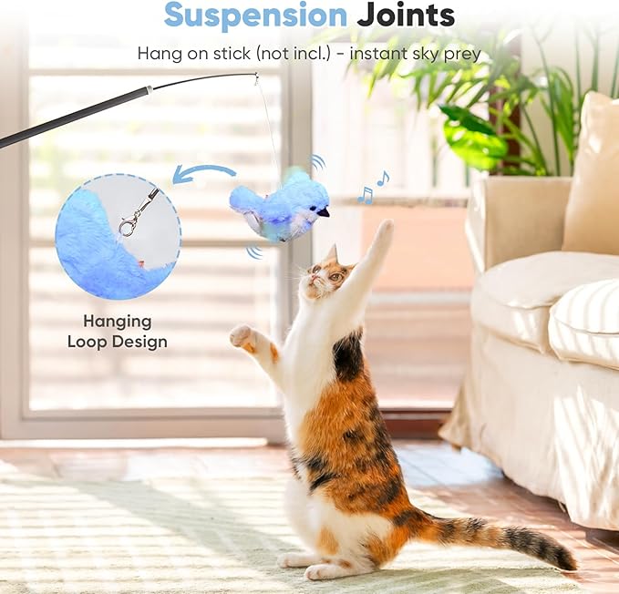 Petbobi Flappy Bird Cat Toy - Realistic Interactive Cat Toy with Sparrow Bird Chirp Tweet Flapping Wings (Non-Flying Design), Rechargeable Motion-Activated Catnip Toys for All Breeds Kittens, Blue