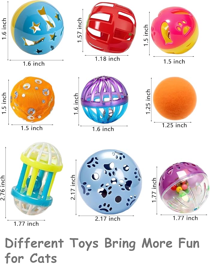 14 Pcs Cat Toys Indoor Kittens BPA-Free Jingle Balls Plush Balls Catnip Feather Mice for Play Chase Relax (1.5'' - 2.2'')