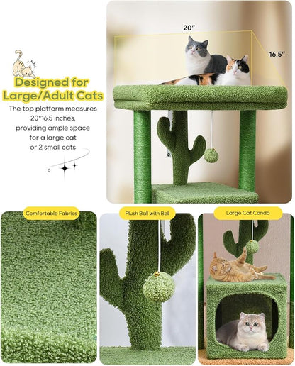 SYANDLVY 27" Cactus Cat Tree for Indoor Cats, Green Activity Tower with Scratching Posts, Modern Kitten Condo with Plush Perch & Hanging Ball for Play