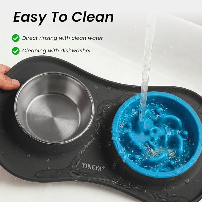 Slow Feeder Dog Bowls Stainless Steel Food and Water Bowl Set 3 in 1 No Spill Waterproof Silicone Pet Food Mat Puppy Feeding Station for Large Medium Small Breed Non Slip Metal Dish Tray by YINEYA