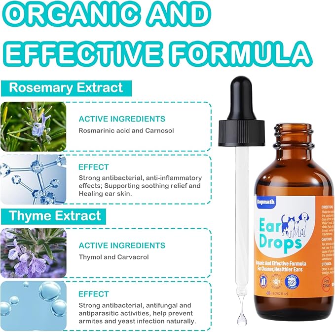 Dog Ear Drops, Dog Ear Cleaner Drops, Ear Infection Treatment for Dogs and Cats, Natural Herbal Ear Cleaning Solution for Dirty,Itchy,Smelly,Inflammed Pet Ears, 2 oz*2 with Dropper