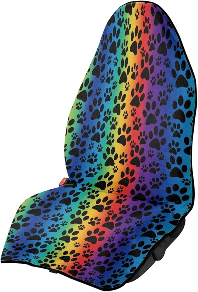 Coldinair Rainbow Dog Paws Print Towel Beach Car Seat Cover Non-Slip Bucket Front Seats Protector,Universal Fit Waterproof and Stain Resistant for Cars,SUVs,Trucks