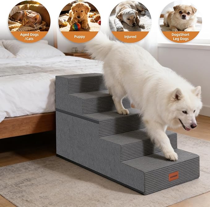 Dog Stairs for Small Dogs, 25" H, 5-Step Extra Wide Pet Steps for High Bed, Non-Slip Balanced Pet Ramp for Medium Cats,Indoor Dog Ladder, Grey