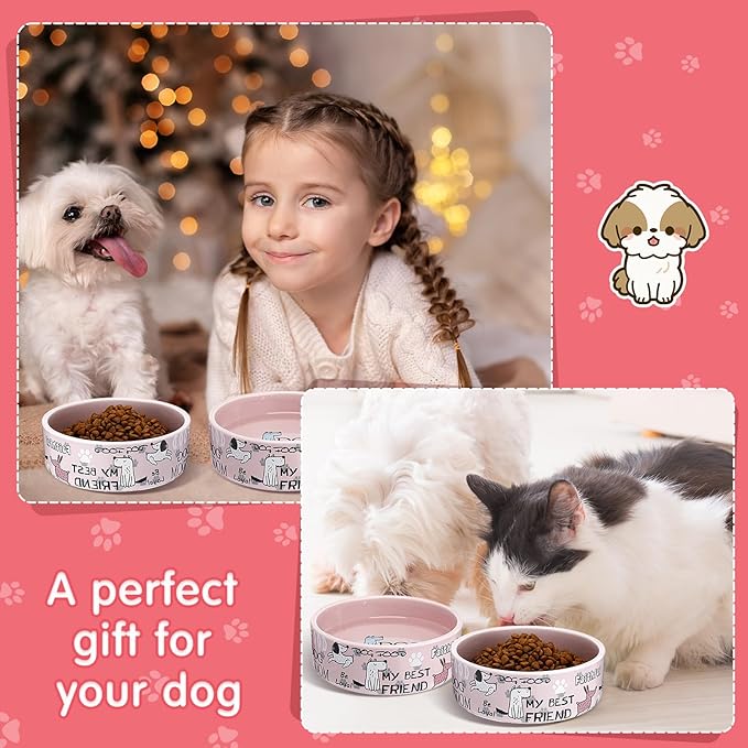 Maxcheck 2 Pcs 5 Inch Ceramic Dog Bowls Dishes for Small Dogs Cute Cartoon Pattern Puppy Cat Bowls Heavy Food Water Dishes for Pets Feeding Travel, Dishwasher Safe Microwave Safe(Pink)