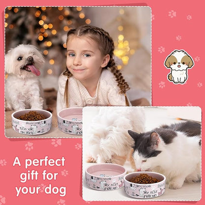 Maxcheck 2 Pcs 5 Inch Ceramic Dog Bowls Dishes for Small Dogs Cute Cartoon Pattern Puppy Cat Bowls Heavy Food Water Dishes for Pets Feeding Travel, Dishwasher Safe Microwave Safe(Pink)
