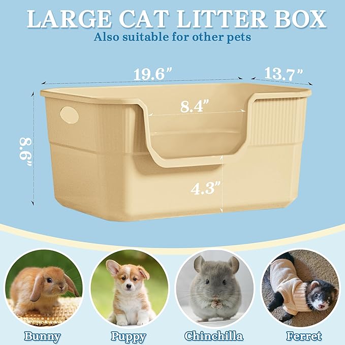 Low Entry Litter Box for Kittens & Senior Cat, High Sided Kitty Litter Boxes with Handle, Anti-Splash Plastic Large Litter Tray Pan for Big Cats, Easy to Clean, 19.6"L*13.7"W*8.6"H (Apricot)