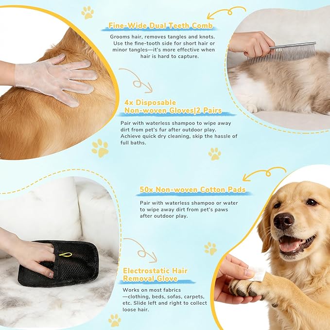 9in1 Pet Mist Spray Brush Kit for Cat & Dog, Hair Health & Grooming Set with 100ml Waterless Shampoo, Nail Clippers, Toothbrush, Comb, Eye Ear Paw Dry Wipes & Gloves, Hair Removal Glove, Gift-Set