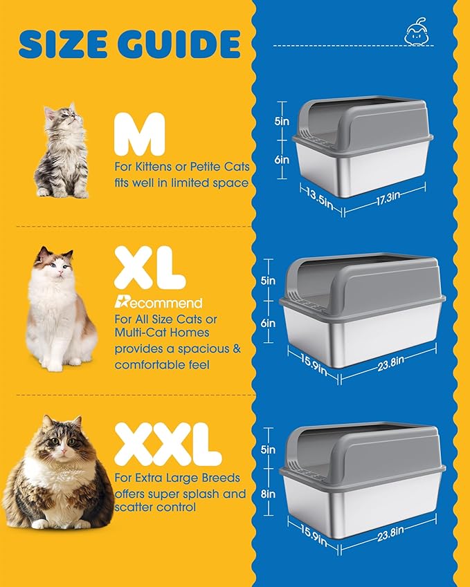 Stainless Steel Cat Litter Box, Metal Litter Box with Scoop, High- Sided, Anti-Leakage Top Entry, Non-Sticky, Easy to Clean, Grey, M (2 Pack)