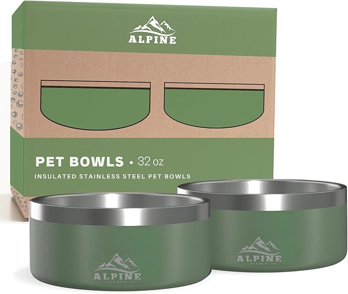 ALPINE Set of 2 Stainless Steel Dog Bowls, Non Slip, Metal Pet Bowl for Food and Water, Double Walled Insulated, Rustproof, Dishwasher Safe (32 oz, Hunter Green)