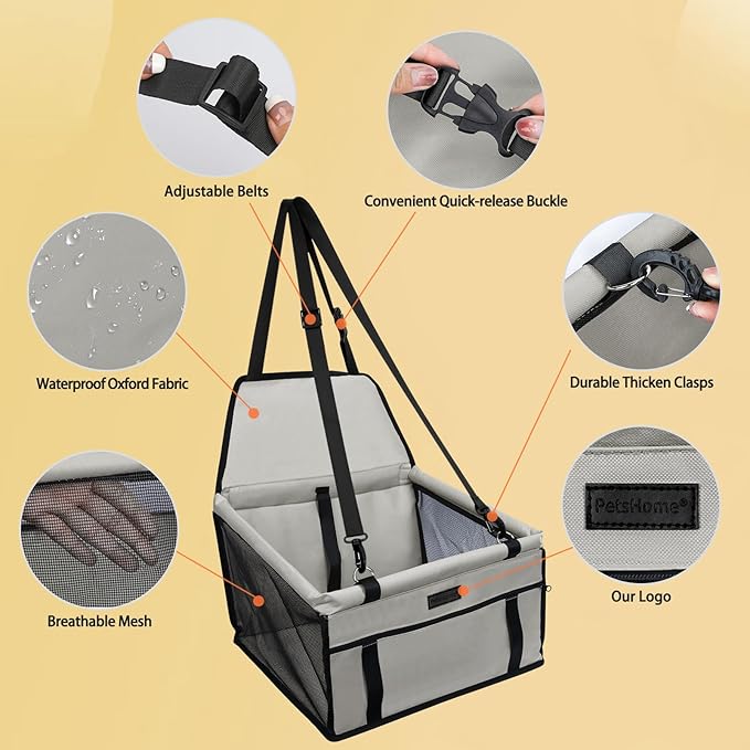 PetsHome Dog Car Seat Foldable Dog Car Booster Seat Waterproof Breathable Oxford Travel Bag for Small to Medium Dogs, Puppies, and Pets-Pure Grey