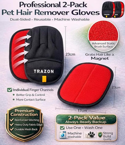 Trazon Pet Hair Removal Gloves 2 Pack – Electrostatic Pet Hair Removal Mitt for Cats & Dogs – Magic Brush Pet Hair Remover & Reusable Lint Brush Alternative for Couch, Furniture, Clothes & Car Seats