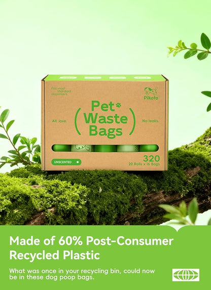 Dog Poop Bags Rolls, 320 Count (20 Refills) - 60% Recycled Plastic Unscented - Leak Proof, Extra Thick Waste Bag with Easy-Peel Sticker (Green)