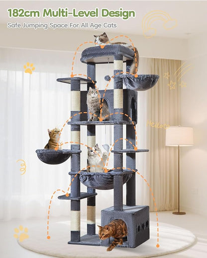 Taoqimiao 72 Inch Cat Tree, XXL Cat Tower for Indoor Cats Large Adult 25Lbs+, Extra-Large Platform, 2 Cat Houses, 7 Scratching Post, Extra-Sized Durable Hammock, Cozy Basket, Smoky Gray, F20G