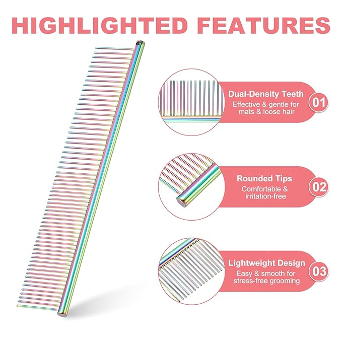 Dog Cat Comb, Pet Combs Stainless Steel Teeth with Rounded Ends for Knot Mat Loose Hair Removal, 6.5/7.5IN (Colorful Plated, 2 Pack), Grooming Tool Intended for Long Curly Hair Pet