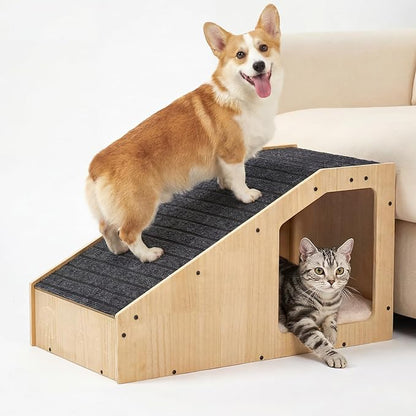 Veehoo Small Dog Ramp for Bed Couch, Wooden Ramps for Dogs to Get on Bed Couch with Cat Cave Condo Non Slip Surface and Bottom Pad, 16" Wide Doggy Stairs Puppy Steps Small Pet Ramp Ladder for Indoor