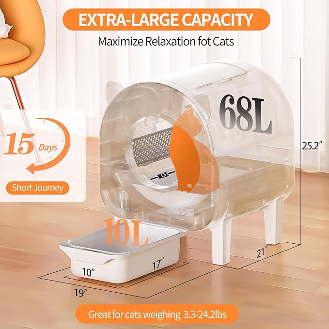 Self Cleaning Litter Box for Multiple Cats, 68 L Automatic Cat Litter Box Robot with Dual Safety Protection, APP Control, Odor Removal Smart Litter Boxes, 2 Roll Trash Bags