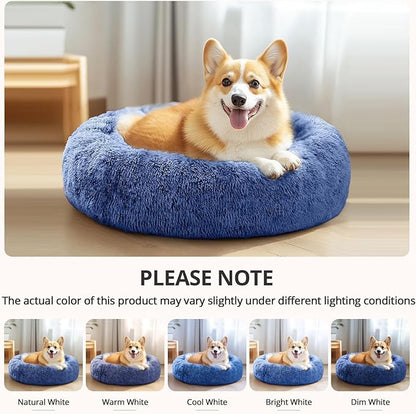 JOLLYVOGUE Calming Dog Bed Medium Size Dog, 31in Donut Washable Medium Pet Bed, Anti-Slip & Anti-Anxiety Fluffy Faux Fur Round Dogs Bed, Fits up to 45 lbs Pets (Navy Blue)