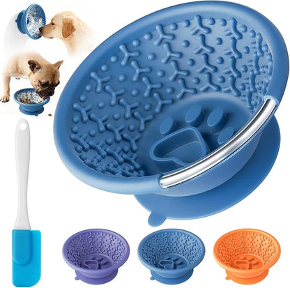 Dog Lick Bowl, Non-Slip Slow Feeder Licking Mat & Treat Dispenser (Wide Bowl Mouth w/Inlaid Stainless Steel Ring) - Interactive Toys, Anxiety Reducer, Freeze Bone for Dogs, BPA Free Silicone(Blue)
