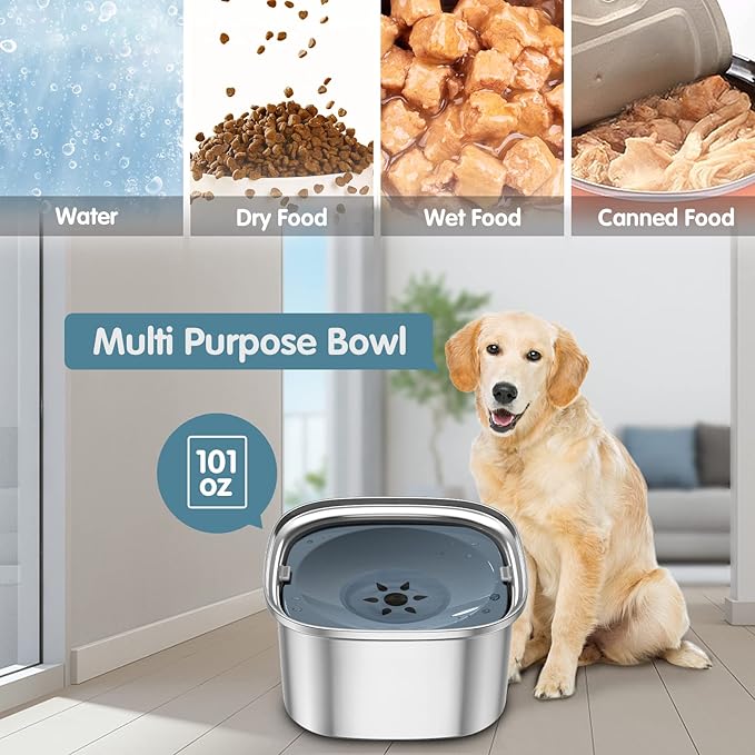 UPSKY 3L Dog Water Bowl 101oz Stainless Steel No Spill Large Capacity Dog Food Water Bowl Slow Water Feeder, Spill Proof Pet Water Dispenser Vehicle Carried Travel Water Bowls
