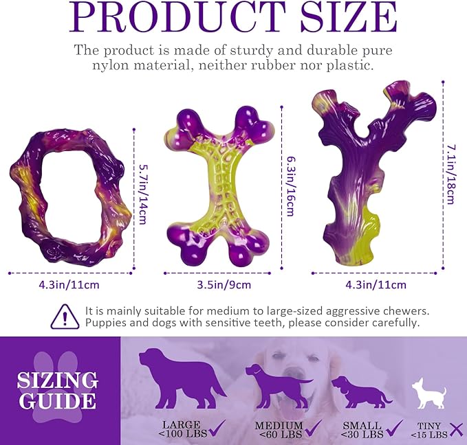 Tough Dog Toys for Aggressive Chewers 3 Pack, Indestructible Dog Toy for Large Dogs, Dog Chew Toys to Keep Them Busy, Dog Bones for 15-100lbs Puppy/Medium/Large Breeds, Interactive Dog Toys