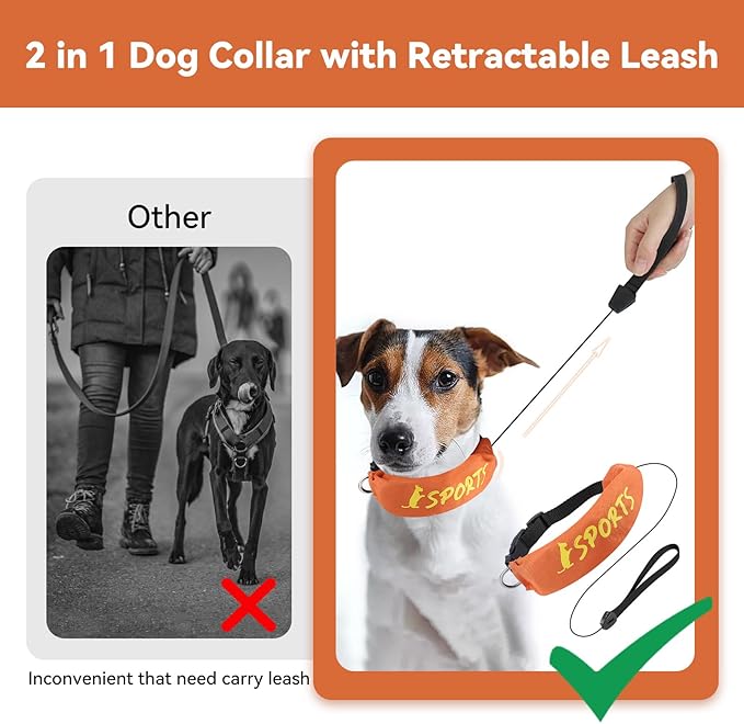 NAMSAN Retractable Dog Leash Collar for Medium to Large Dogs, Dog Collar with Retractable Leash Built-in, All-in-One, Adjustable, Orange