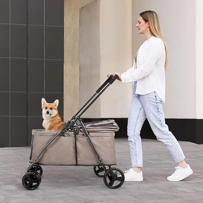 20% Larger Capacity, Wedyvko Dog Stroller for Medium/Small Pets w/Dog Poop Bags & Dispenser, Storage Pouch, Zipperless, Entry in/Out Easy (Coffee)