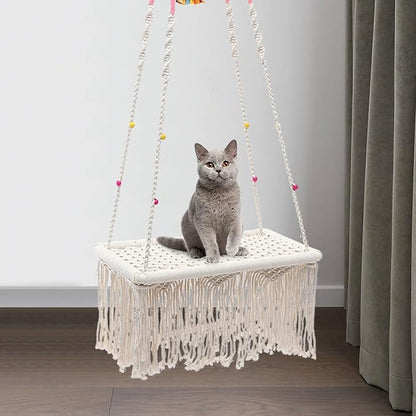 Macrame Cat Hammock Bed Hanging Indoor Cotton Rope Cat Nest Swing Wear-Resistant Design for Kitten