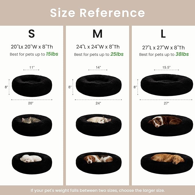 Love's cabin Calming Cat Bed for Indoor Cats,Anti-Anxiety Donut Round Dog Bed,Fluffy Faux Fur Washable Pet Bed for Small Medium Dogs and Cats,Black,20in