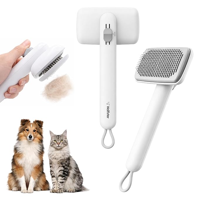 Wolfster Dog & Cat Deshedding Brush - Self Cleaning Pet Grooming Tool, Adjustable Comb, Skin-Friendly Slicker Pet Brush,For All Coat Types, Easy Grooming For Long & Short Hair Animals (White)