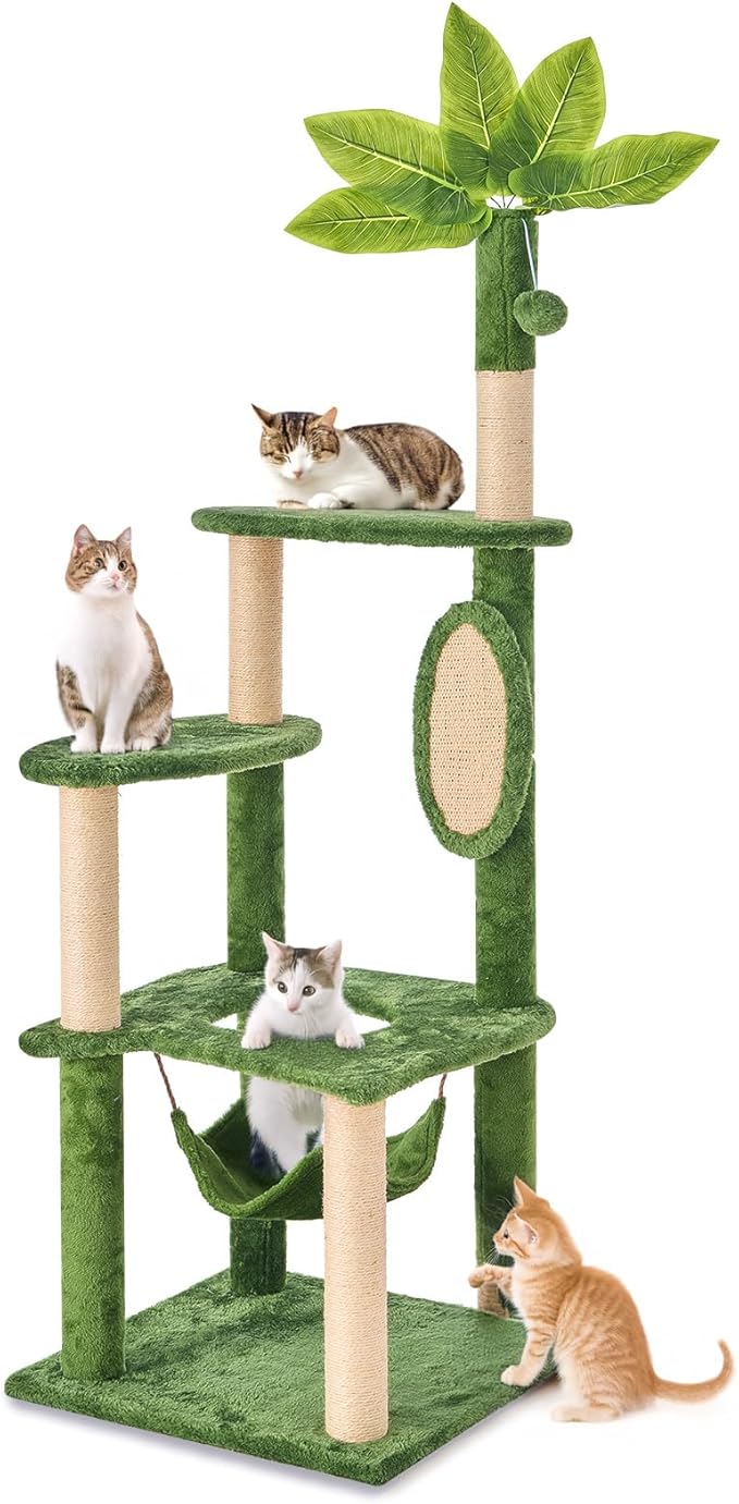 55 Inch Large Cat Tree Tower for Indoor Cats with Hammock Green Leaves Sisal Scratching Post, Plush Hang Ball Play Furniture for Kittens & Adult Cats, Green