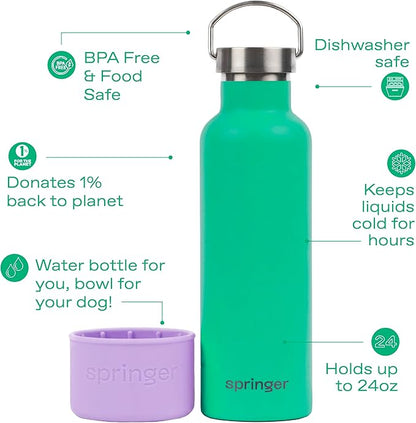 Springer Dog and Me 24oz Stainless Steel Insulated Water Bottle - Cold for 12+ Hours – Portable Dog Water Bottle with Integrated Travel Water Bowl for Dogs, Portable Dog Water Bottle – Lilac/Green