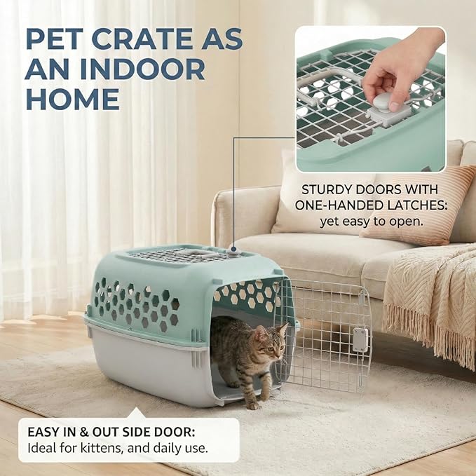 Hard-Sided Pet Carrier for Dogs and Cats | 24-Inch Top-Load Travel Kennel with Double Door Entry | Heavy-Duty Plastic Crate for Vet Visits & House Training, Green/Gray, Up to 30 lbs Capacity