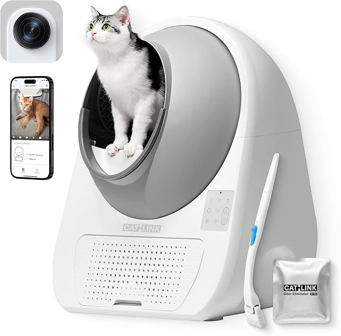 CATLINK Self Cleaning Cat Litter Box for Multiple Cats, Health Monitoring, Automatic Litter Box with APP, Odor Control, 65L Safe Pinch-Free Robot Cat Litter Box, White/Large (Ultra 5g & Camera)