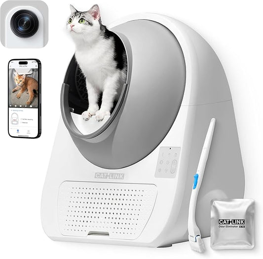 CATLINK Self Cleaning Cat Litter Box for Multiple Cats, Health Monitoring, Automatic Litter Box with APP, Odor Control, 65L Safe Pinch-Free Robot Cat Litter Box, White/Large (Ultra 5g & Camera)