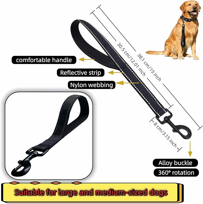 Heavy Duty Nylon Dog Leash with Padded Handle, Black Reflective Short Lead, 12 Inch for Medium Large Dogs, Double Layer Durable Walking Training