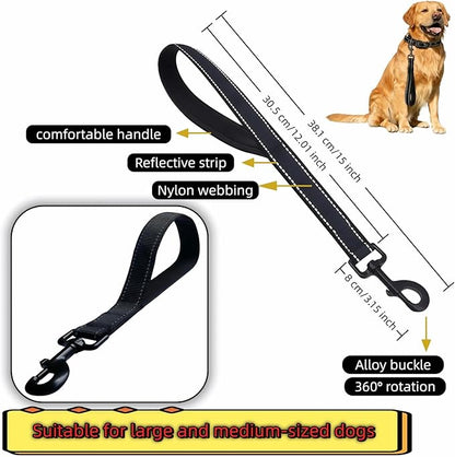 Heavy Duty Nylon Dog Leash with Padded Handle, Black Reflective Short Lead, 12 Inch for Medium Large Dogs, Double Layer Durable Walking Training