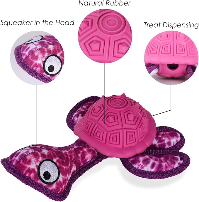 Squeaky Turtle Dog Toy, Treat Dispensing Rubber Ball, Bite Resistant Plush Chew Toy, Interactive Tug & Fetch Enrichment Toy for Medium & Small Breeds, Safe & Engaging for Puppies (Purple)