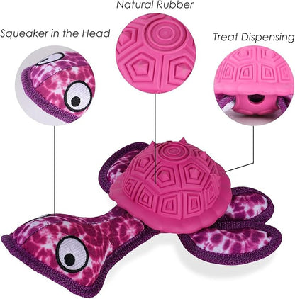 Squeaky Turtle Dog Toy, Treat Dispensing Rubber Ball, Bite Resistant Plush Chew Toy, Interactive Tug & Fetch Enrichment Toy for Medium & Small Breeds, Safe & Engaging for Puppies (Purple)