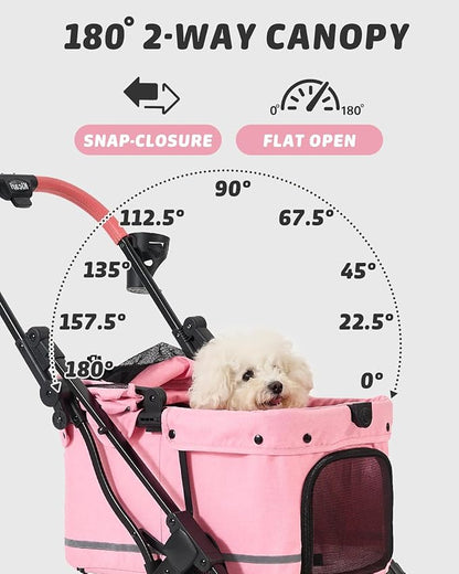 797Audio Dog Stroller for Small Medium Dogs, Pink Pet Stroller for Cats Puppy Up to 121lbs, Foldable,One Click Folding,4 Wheel Shock Absorption,Adjustable Canopy with Sun Shades,Removable Washable Pad