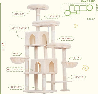 Hey-brother Cat Tree Tower, Scratching Posts with a Extended Part, Wide Platforms, Cozy Condos, Hammocks, Sisal Columns and Ball for Indoor Cats, 70.1 Inches, Beige MPJ038M