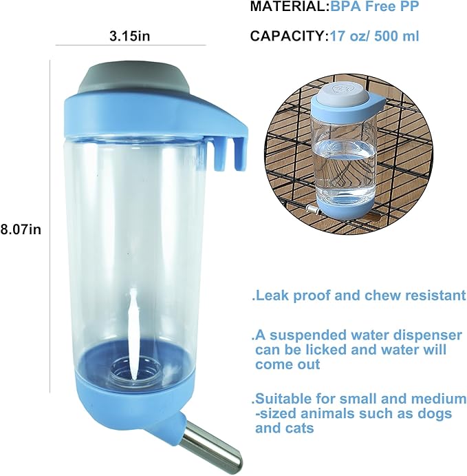 Dog Crate Water Bottle - 17 oz No Drip Kennel Pet Water Dispenser, Easy-to-Use Cage Water Bottle for Dogs, Cats, Small Animals, 500ML, Blue